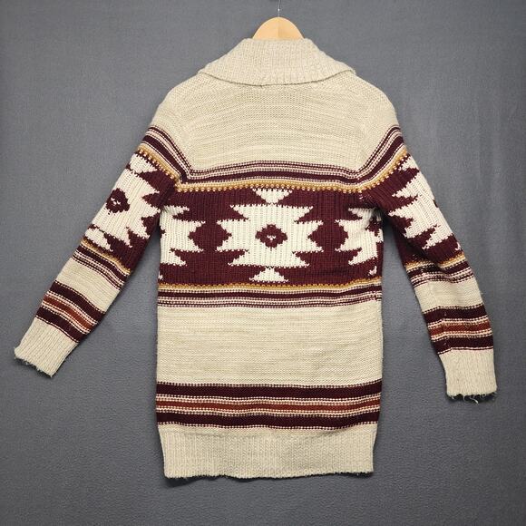 Forever 21 Cardigan Sweater Womens Small Cream Maroon Aztec Open Front Pockets - Picture 2 of 14